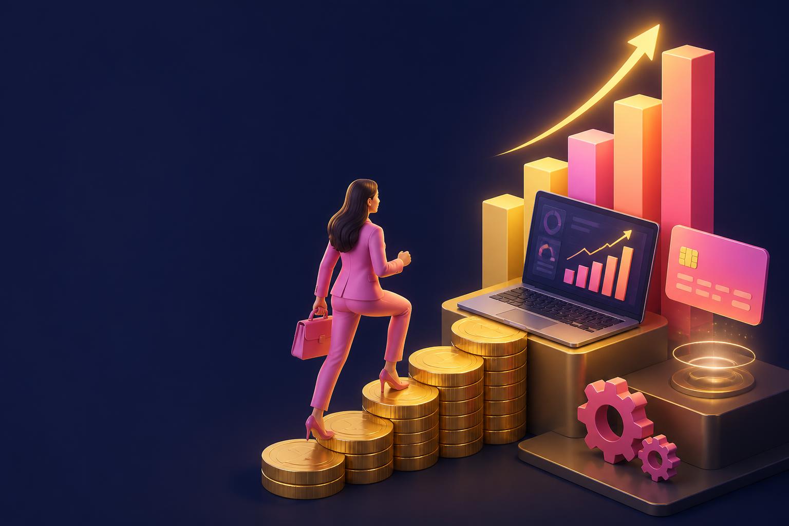 Business owner climbing gold coin steps toward a rising revenue chart